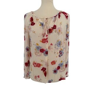 Lucky Brand Womens Small Floral Peasant Blouse Cream Red Blue Tie Front